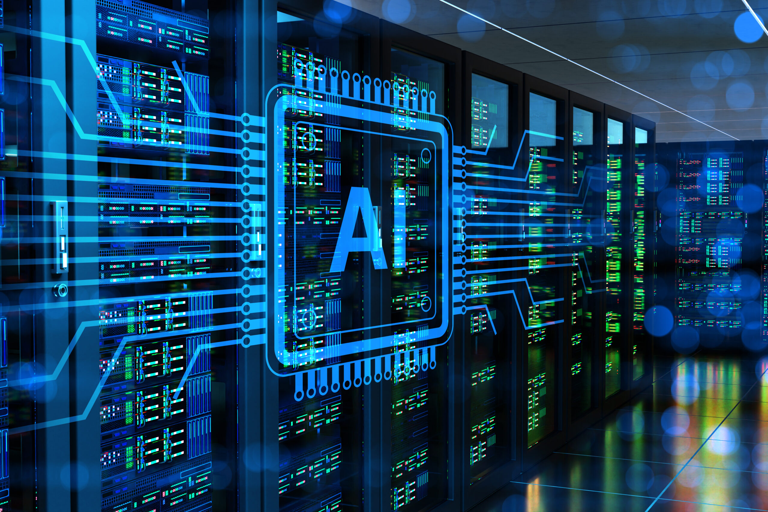 AI data center servers and digital processor graphic representing high-performance computing infrastructure.