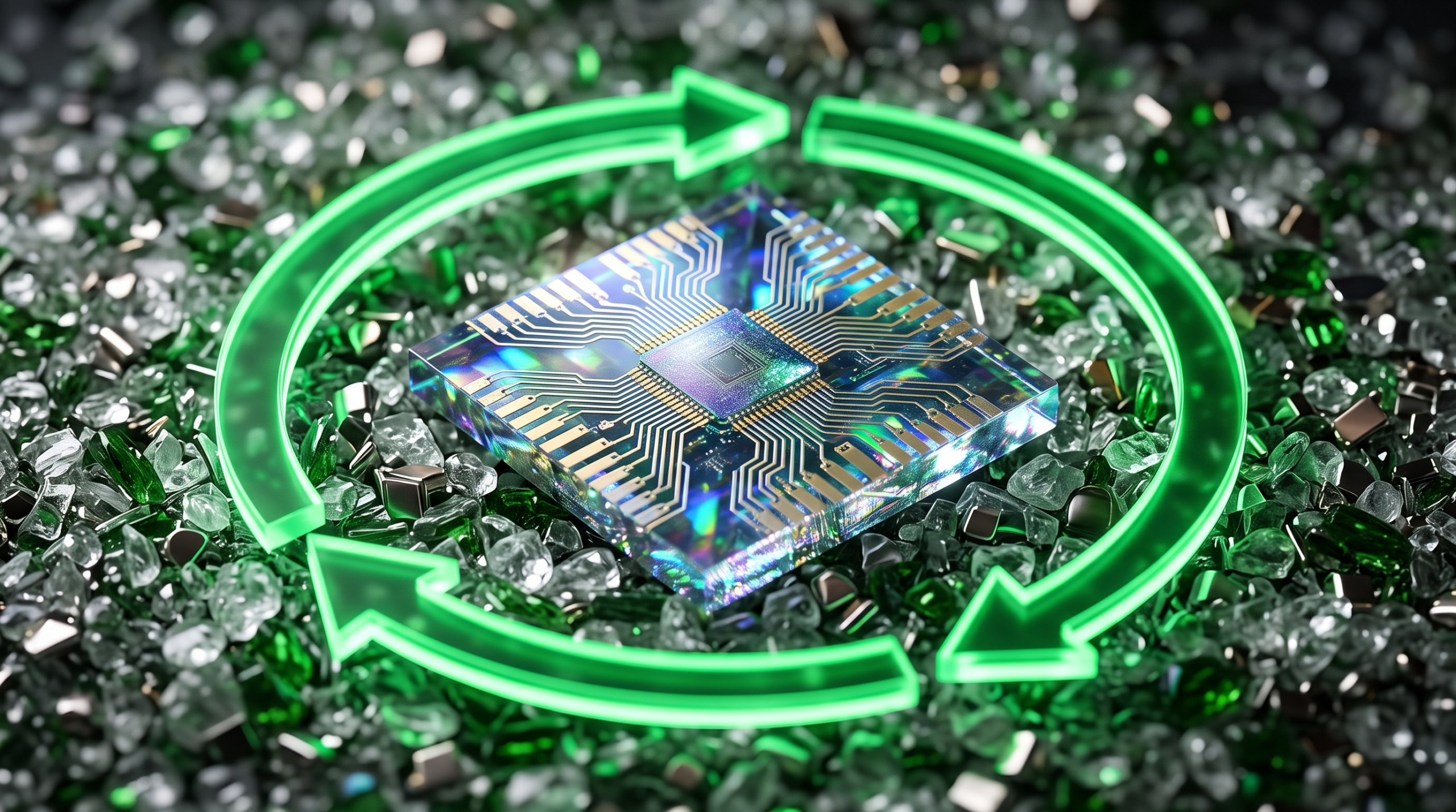 Semiconductor chip surrounded by circular arrows representing electronic component recovery, reuse, and circular technology lifecycle management.