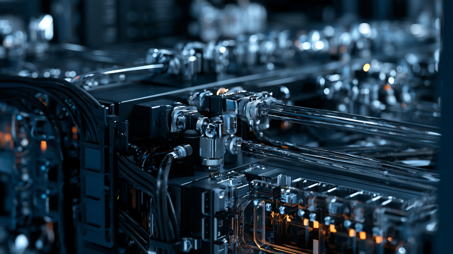 Liquid-cooled AI server infrastructure with coolant tubing and connections supporting high-density computing hardware.