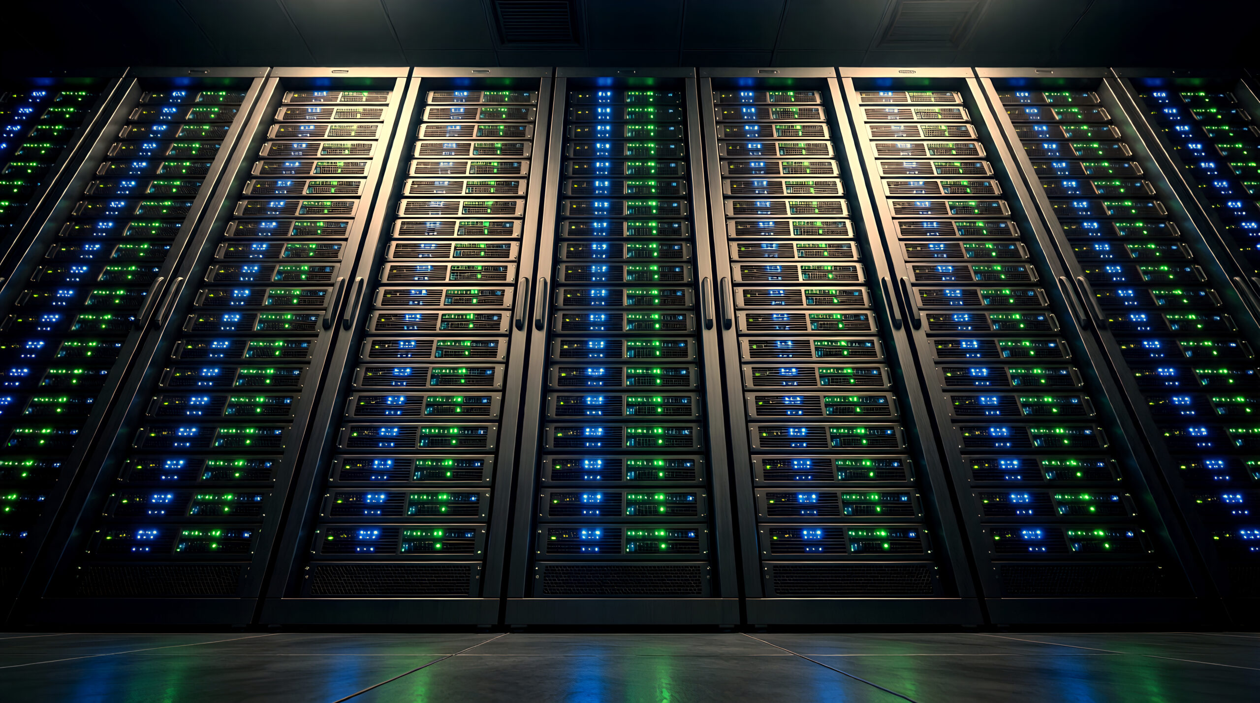 Rows of data center GPU server racks with blue and green status lights
